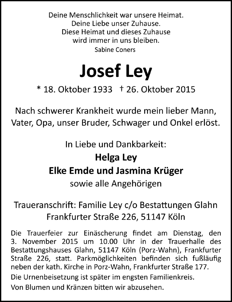 Traueranzeige für Josef Ley vom 31.10.2015 aus 