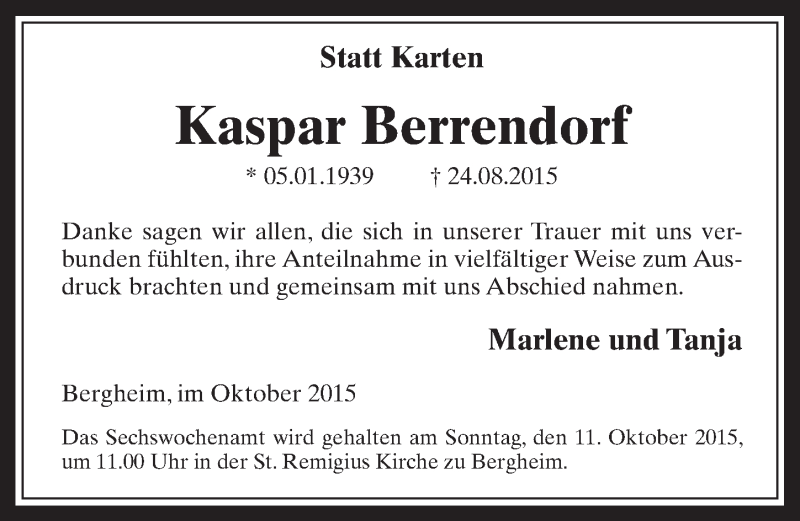 Traueranzeige für Kaspar Berrendorf vom 07.10.2015 aus  Werbepost 