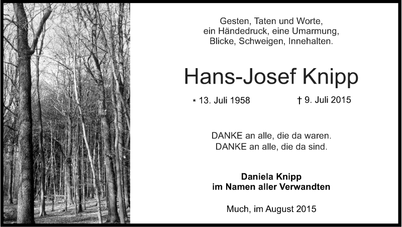  Traueranzeige für Hans-Josef Knipp vom 22.08.2015 aus Kölner Stadt-Anzeiger / Kölnische Rundschau / Express