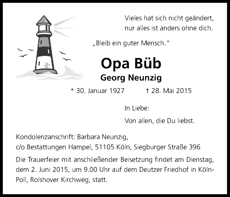  Traueranzeige für Georg Neunzig vom 30.05.2015 aus Kölner Stadt-Anzeiger / Kölnische Rundschau / Express