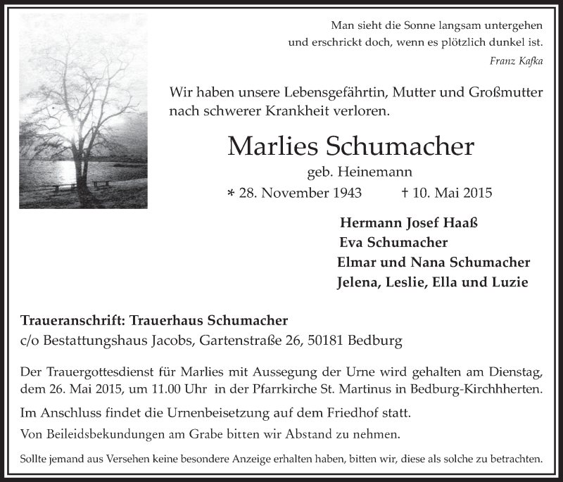  Traueranzeige für Marlies Schumacher vom 20.05.2015 aus  Werbepost 