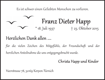 Anzeige von Franz Dieter Happ von  Sonntags-Post 