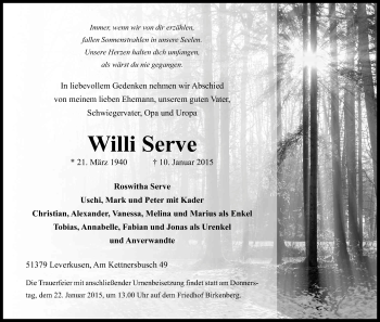 Anzeige von Willi Serve von Kölner Stadt-Anzeiger / Kölnische Rundschau / Express