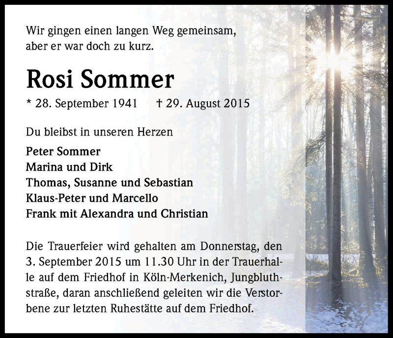  Traueranzeige für Rosi Sommer vom 03.09.2015 aus Kölner Stadt-Anzeiger / Kölnische Rundschau / Express