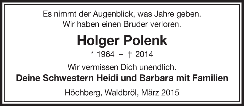  Traueranzeige für Holger Polenk vom 25.03.2015 aus  Lokalanzeiger 