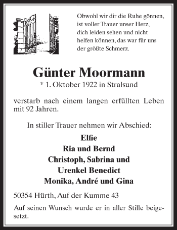 Anzeige von Günter Moormann von  Wochenende 