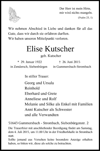 Anzeige von Elise Kutscher von Kölner Stadt-Anzeiger / Kölnische Rundschau / Express