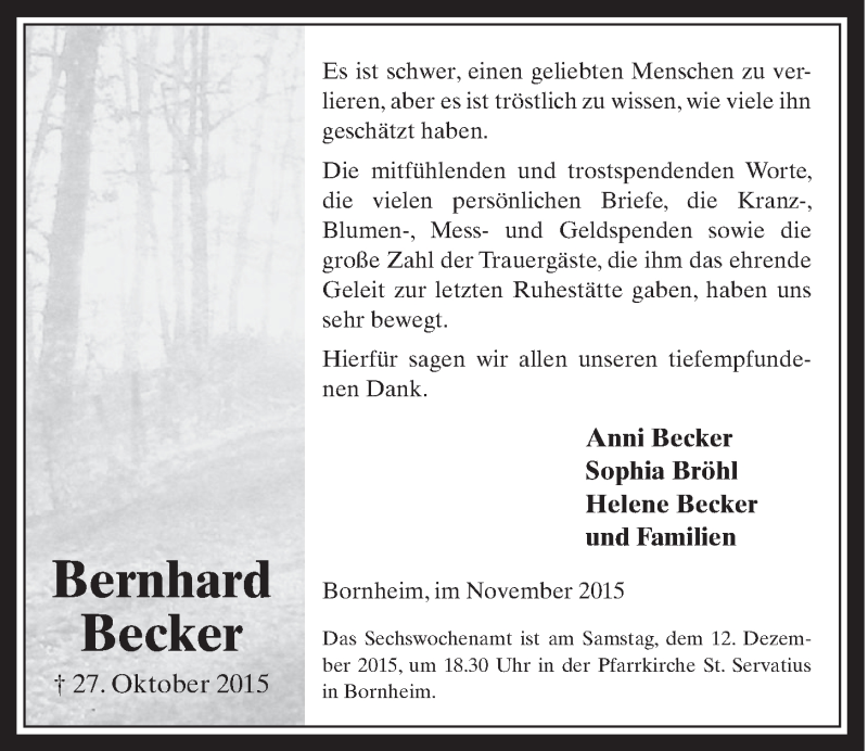  Traueranzeige für Bernhard Becker vom 02.12.2015 aus  Schaufenster/Blickpunkt 