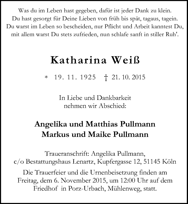  Traueranzeige für Katharina Weiß vom 04.11.2015 aus  Kölner Wochenspiegel 