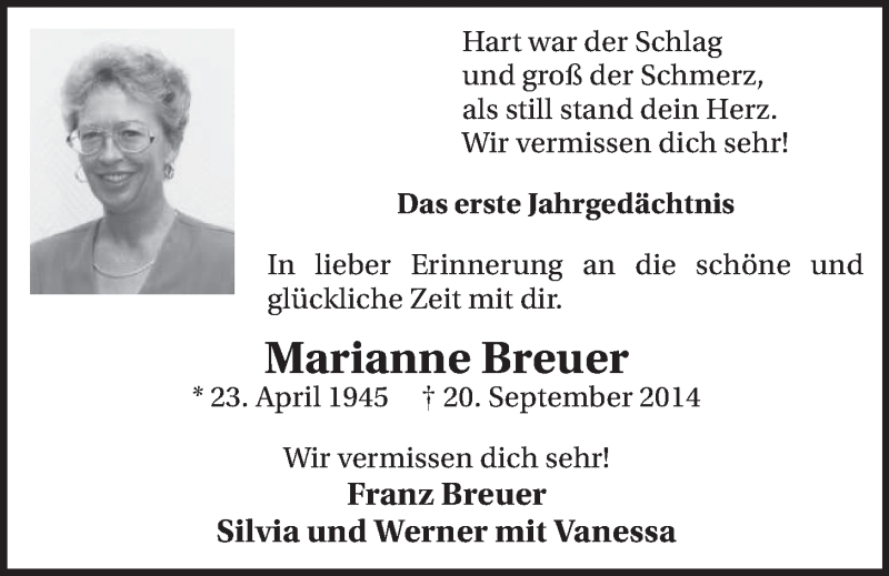  Traueranzeige für Marianne Breuer vom 16.09.2015 aus  Schlossbote/Werbekurier 