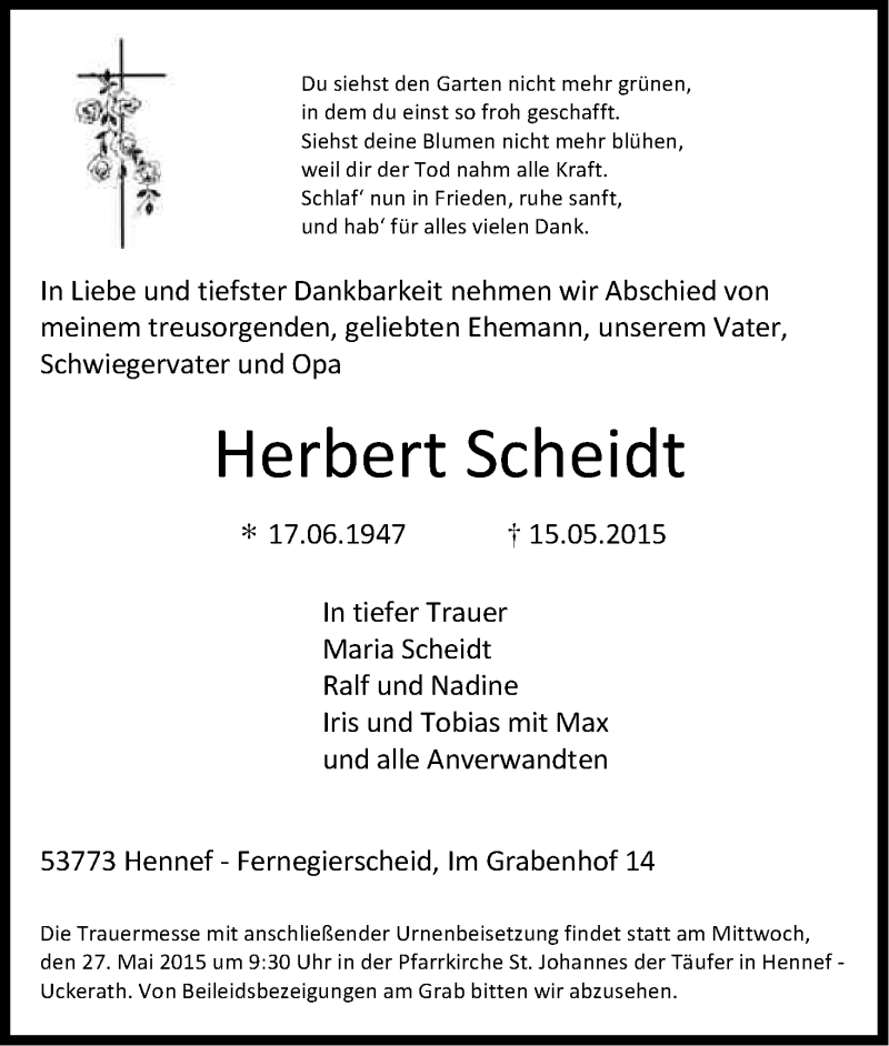  Traueranzeige für Herbert Scheidt vom 21.05.2015 aus Kölner Stadt-Anzeiger / Kölnische Rundschau / Express