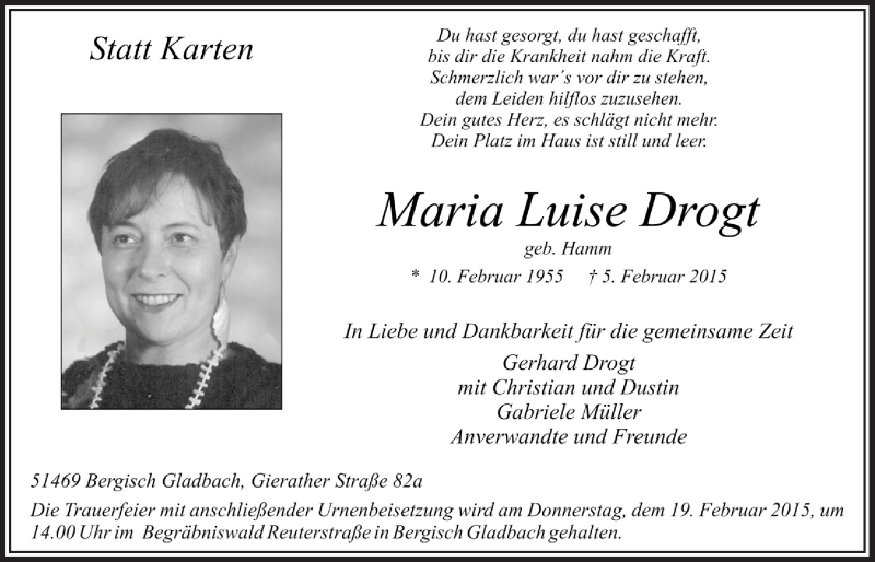  Traueranzeige für Maria Luise Drogt vom 14.02.2015 aus  Bergisches Sonntagsblatt 