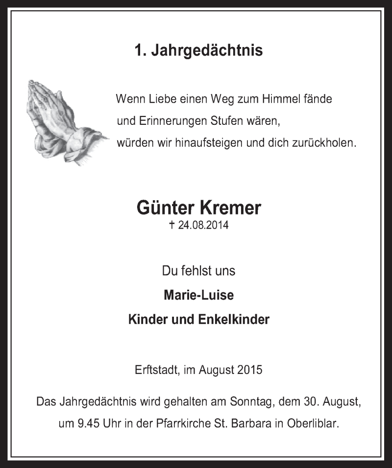  Traueranzeige für Günter Kremer vom 26.08.2015 aus  Werbepost 