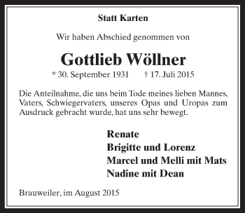 Anzeige von Gottlieb Wöllner von  Wochenende 