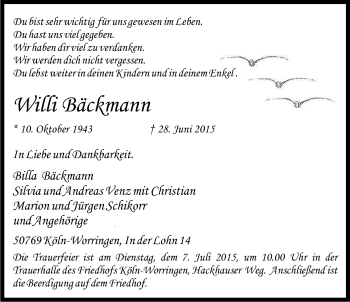 Anzeige von Willi Bäckmann von Kölner Stadt-Anzeiger / Kölnische Rundschau / Express