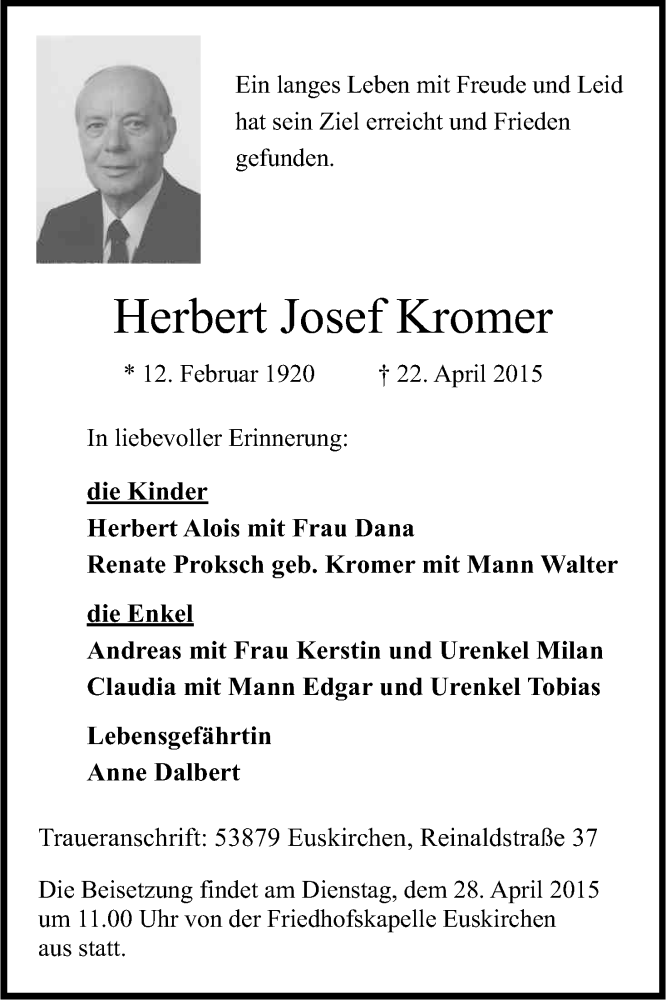  Traueranzeige für Herbert Josef Kromer vom 27.04.2015 aus Kölner Stadt-Anzeiger / Kölnische Rundschau / Express
