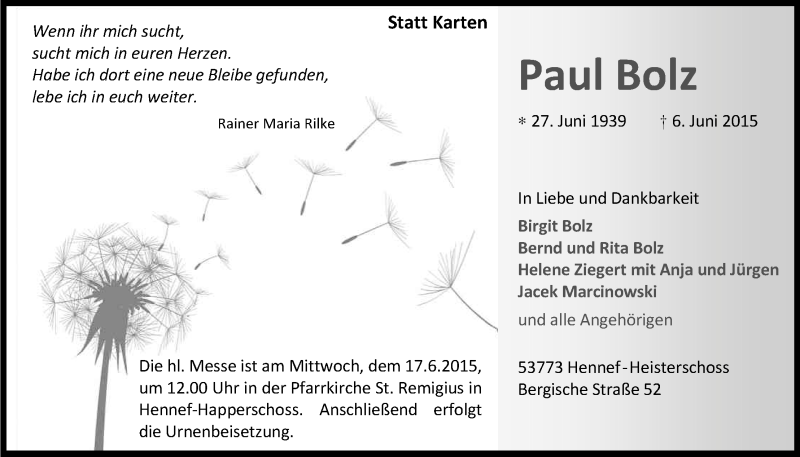  Traueranzeige für Paul Bolz vom 13.06.2015 aus Kölner Stadt-Anzeiger / Kölnische Rundschau / Express