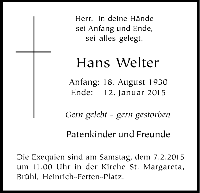  Traueranzeige für Hans Welter vom 24.01.2015 aus Kölner Stadt-Anzeiger / Kölnische Rundschau / Express