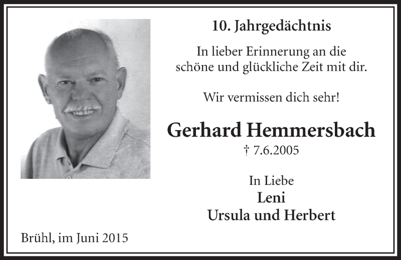  Traueranzeige für Gerhard Hemmersbach vom 03.06.2015 aus  Schlossbote/Werbekurier 