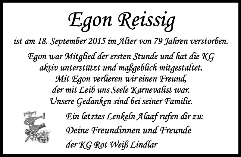  Traueranzeige für Egon Reissig vom 23.09.2015 aus Kölner Stadt-Anzeiger / Kölnische Rundschau / Express