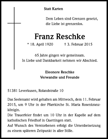 Anzeige von Franz Reschke von Kölner Stadt-Anzeiger / Kölnische Rundschau / Express