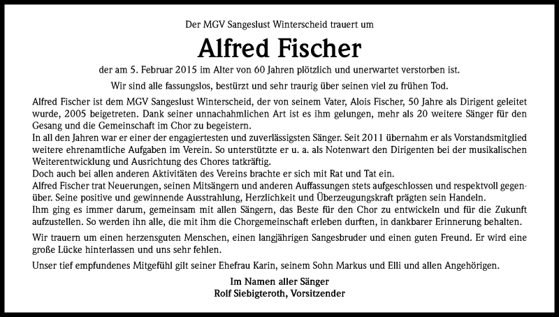  Traueranzeige für Alfred Fischer vom 14.02.2015 aus Kölner Stadt-Anzeiger / Kölnische Rundschau / Express