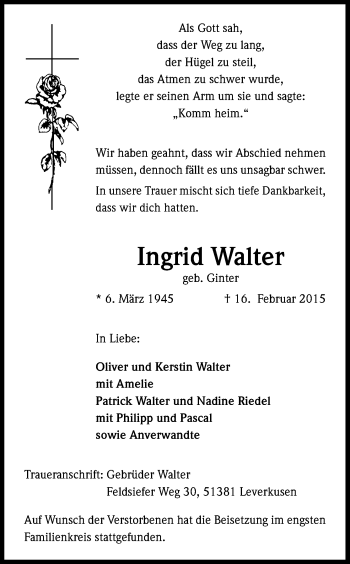 Anzeige von Ingrid Walter von Kölner Stadt-Anzeiger / Kölnische Rundschau / Express