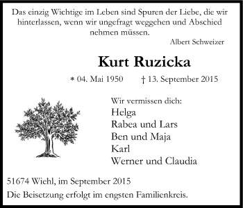 Anzeige von Kurt Ruzicka von Kölner Stadt-Anzeiger / Kölnische Rundschau / Express