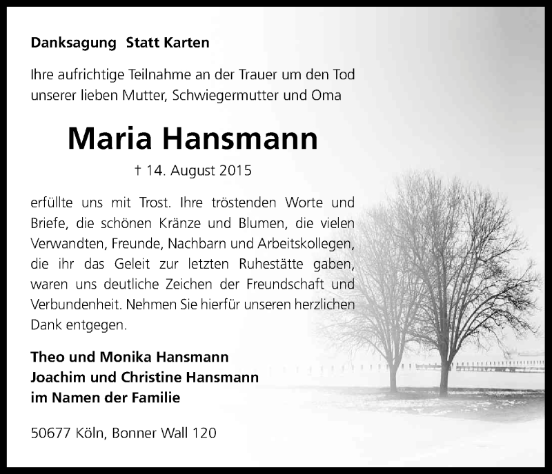  Traueranzeige für Maria Hansmann vom 10.10.2015 aus Kölner Stadt-Anzeiger / Kölnische Rundschau / Express