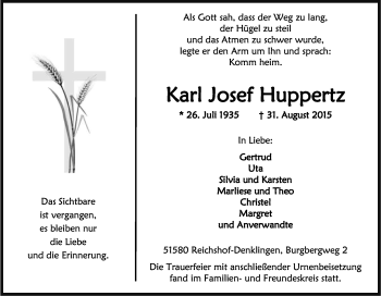 Anzeige von Karl Josef Huppertz von Kölner Stadt-Anzeiger / Kölnische Rundschau / Express