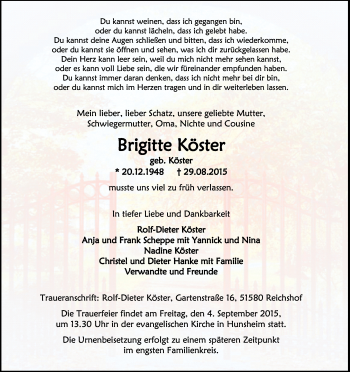 Anzeige von Brigitte Köster von Kölner Stadt-Anzeiger / Kölnische Rundschau / Express