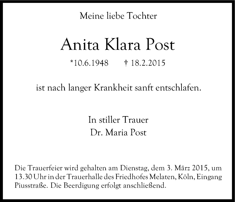  Traueranzeige für Anita Klara Post vom 27.02.2015 aus Kölner Stadt-Anzeiger / Kölnische Rundschau / Express