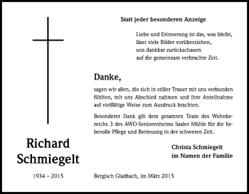 Anzeige von Richard Schmiegelt von Kölner Stadt-Anzeiger / Kölnische Rundschau / Express