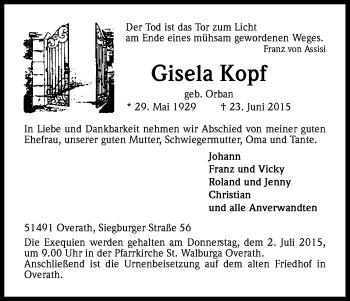 Anzeige von Gisela Kopf von Kölner Stadt-Anzeiger / Kölnische Rundschau / Express