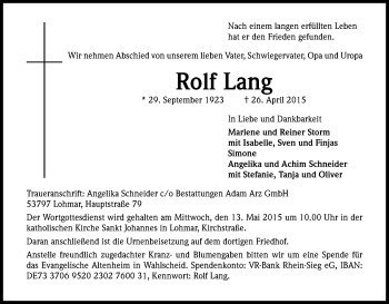 Anzeige von Rolf Lang von Kölner Stadt-Anzeiger / Kölnische Rundschau / Express