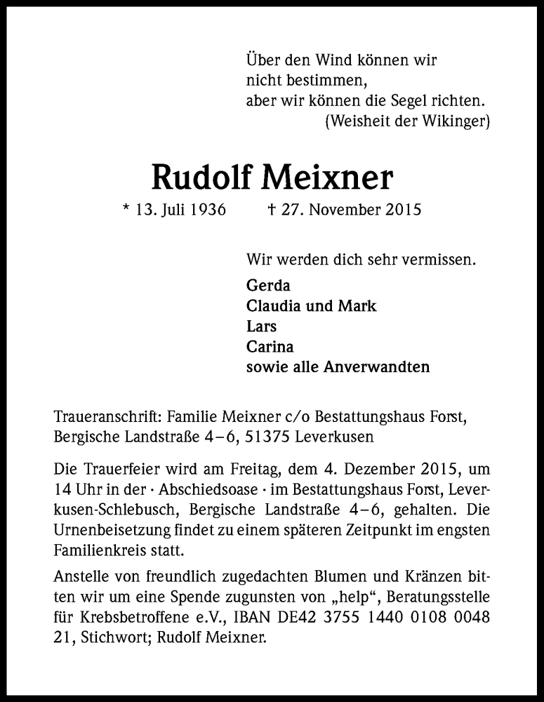  Traueranzeige für Rudolf Meixner vom 02.12.2015 aus Kölner Stadt-Anzeiger / Kölnische Rundschau / Express