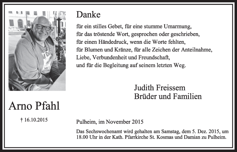  Traueranzeige für Arno Pfahl vom 07.11.2015 aus  Sonntags-Post 