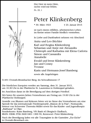 Anzeige von Peter Klinkenberg von Kölner Stadt-Anzeiger / Kölnische Rundschau / Express