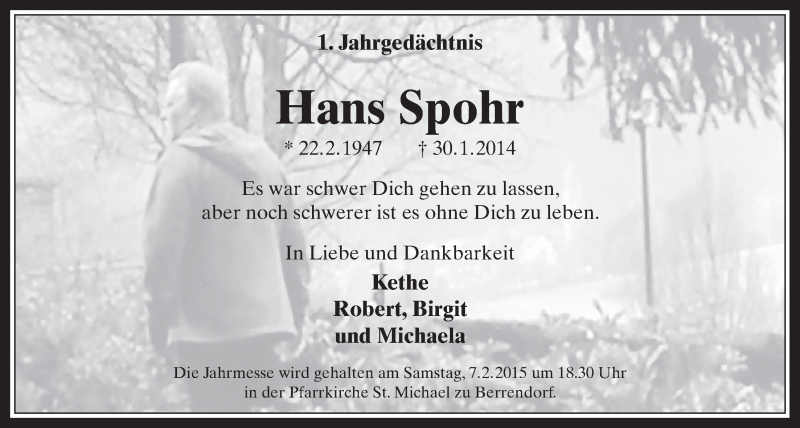  Traueranzeige für Hans Spohr vom 04.02.2015 aus  Werbepost 
