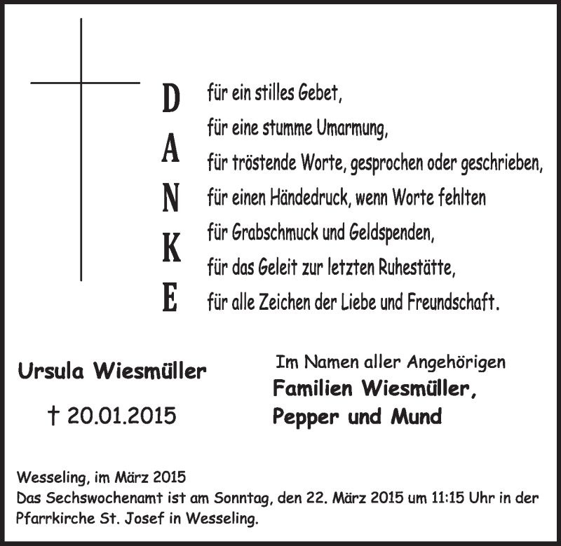  Traueranzeige für Ursula Wiesmüller vom 11.03.2015 aus  Schlossbote/Werbekurier 