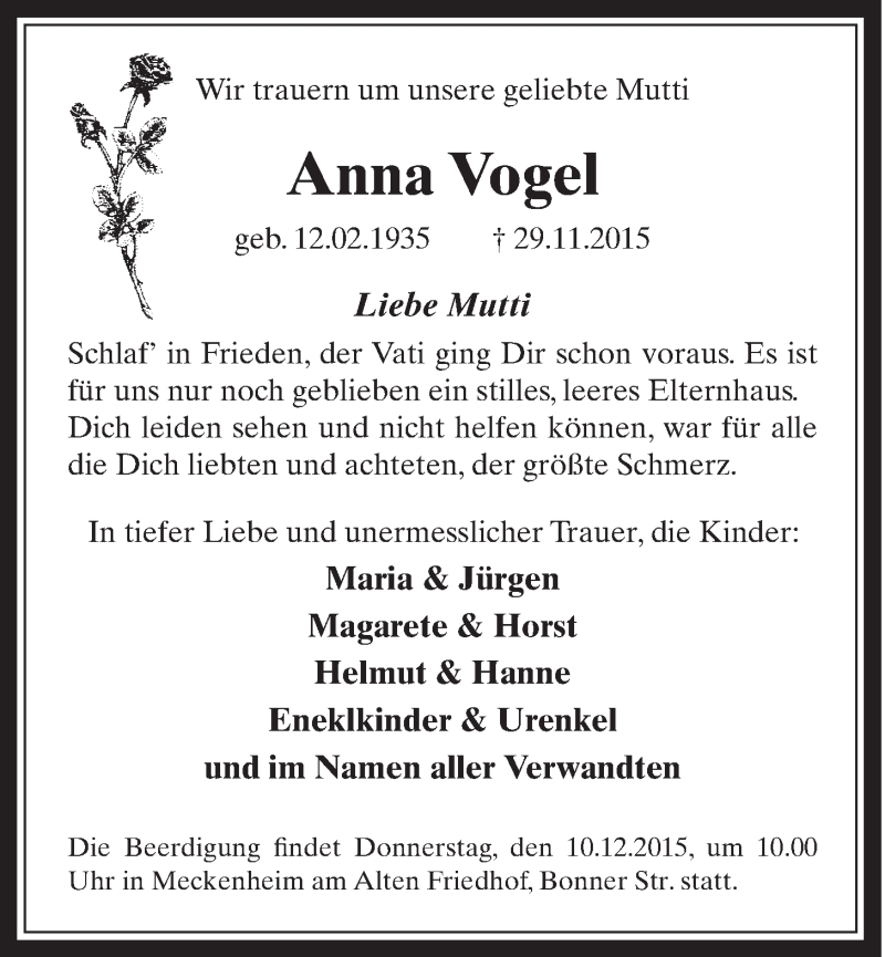  Traueranzeige für Anna Vogel vom 09.12.2015 aus  Schaufenster/Blickpunkt 