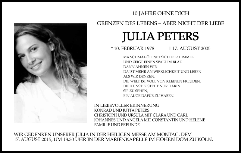  Traueranzeige für Julia Peters vom 15.08.2015 aus Kölner Stadt-Anzeiger / Kölnische Rundschau / Express