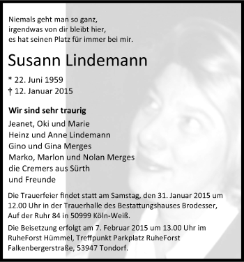 Anzeige von Susann Lindemann von Kölner Stadt-Anzeiger / Kölnische Rundschau / Express