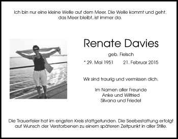 Anzeige von Renate Davies von Kölner Stadt-Anzeiger / Kölnische Rundschau / Express