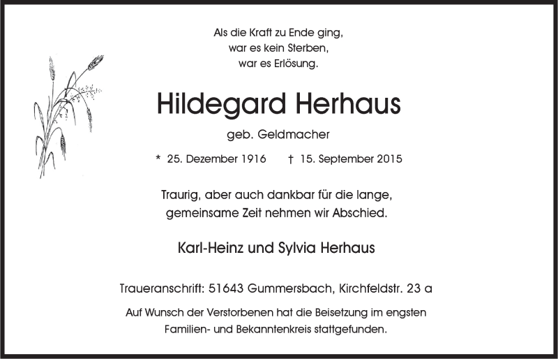  Traueranzeige für Hildegard Herhaus vom 23.09.2015 aus  Anzeigen Echo 