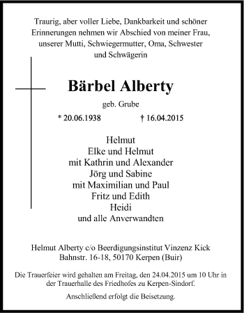 Anzeige von Bärbel Alberty von Kölner Stadt-Anzeiger / Kölnische Rundschau / Express