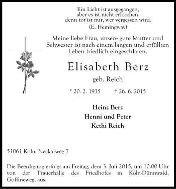 Anzeige von Elisabeth Berz von Kölner Stadt-Anzeiger / Kölnische Rundschau / Express