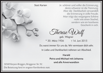 Anzeige von Therese Wolf von  Sonntags-Post 