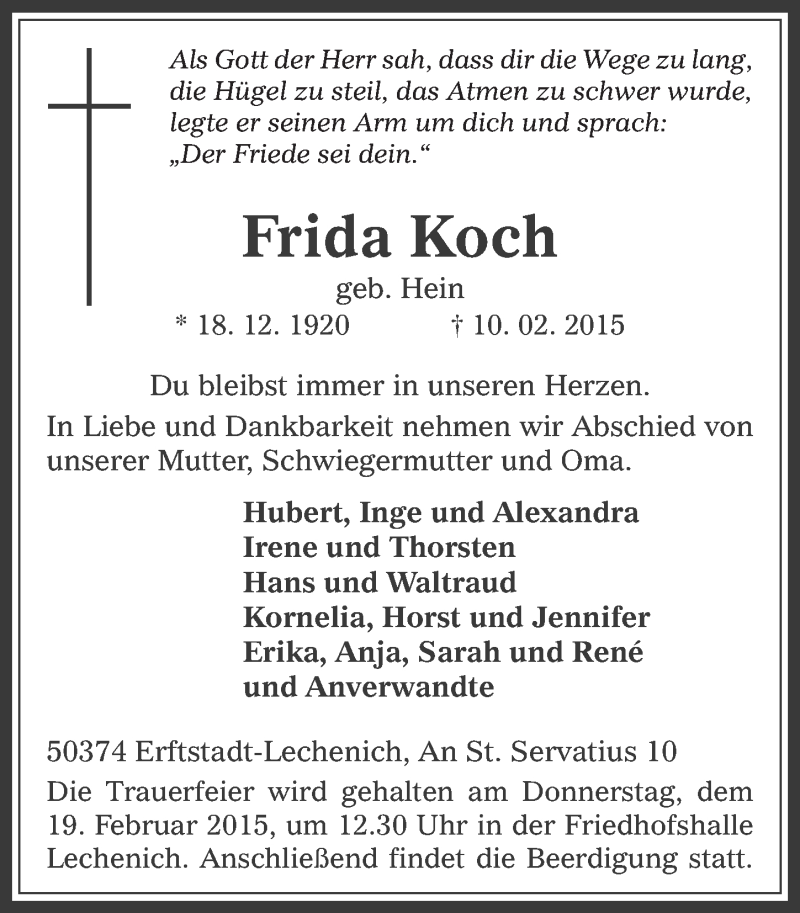  Traueranzeige für Frida Koch vom 18.02.2015 aus  Werbepost 