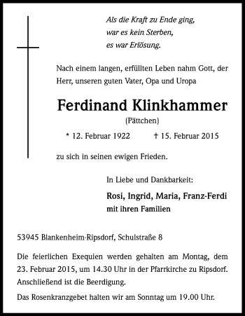 Anzeige von Ferdinand Klinkhammer von Kölner Stadt-Anzeiger / Kölnische Rundschau / Express